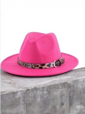 🔥 🔥HOT🔥🆕Classy Pink Fedora Hat with Leopard Print Band Belt